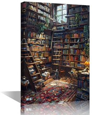1 Stück Bibliotheks-Wandgemälde für Wohnzimmer, Vintage-Bücherregal-Bilder, Druck auf Leinwand, antikes Buch, Wandkunst für Schlafzimmer, Büro, Giclée, gerahmt, fertig zum Aufhängen, 61 x 40,6 cm