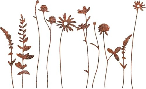 Gartenstecker Rost Blumen Gartendeko für Draußen Wetterfest Rostige Metall Blumenstecker Rostdeko Roststecker Garten Pflanzenstecker Metallstecker Rost Deko für Rasen Hof Balkon Blumentopf (A/10PCS)