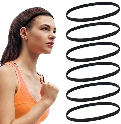 Sport Haarbänder, 6 Stück Elastische Haarbänder für Damen & Herren, Sport Haarband Kinder, Stirnband Rutschfest, Stirn Schweißband Haarband, Stirnbänder Sports für Fußball Yoga Laufen Fitness, Schwarz