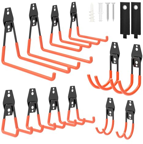 Rigogo 12 Stück Wandhaken Garage, Schwerlast Wandhaken für Werkstattwerkzeuge, zur Organisation für Leiter, Stuhl, Fahrrädern, Elektrowerkzeugen Sperrigen, 5 Größen