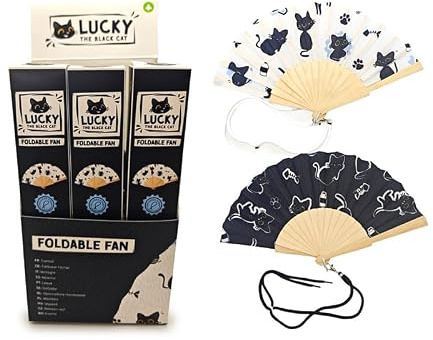 Puckator Lucky the Black Cat Folding Hand Fan - Handheld Portable Mobile Turbo Pink Face Manual Crank Silent Fan - Cool Handy Camping Festival Essentials Gadgets - Neck Cooler