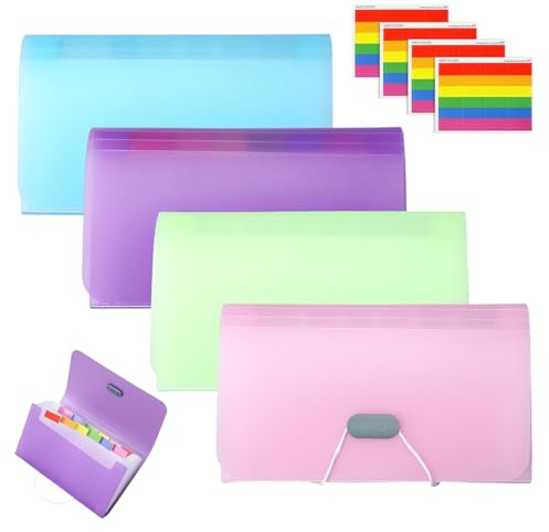 Fächermappe Erweiterbar, 4 Stück A6 Klein Dokumentenmappe Mit 13 Fächer | Tragbar Karteikartenbox a6 mit Farbcodierte Etiketten für Rechnungen Quittungen Coupons und Lernkarten 4 Farben/17.8x10.6x3cm