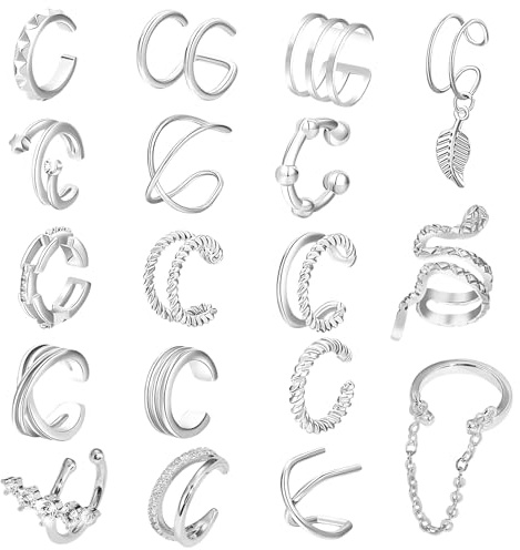 18 PCS Ear Cuff Silber Earcuffs Silber Ohrclips Damen Ohne Ohrlöcher Earcuff Ohrklemme Fake Ohrringe Ohrschmuck Ohne Ohrlöcher Ohrmanschette Ear Cuffs Fake Piercing Ohr Clipser Damen Geeignet Partys