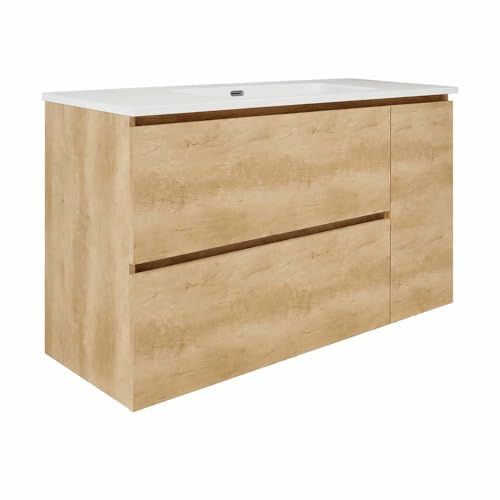 Baikal Mueble de Baño BRUMA. Mueble MONTADO. 120cm Nature 2 Cajones + Puerta Suspendido con Lavabo Empotrado. Armario de Baño.
