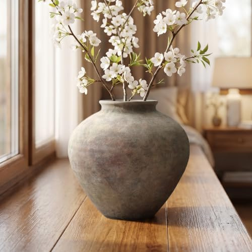 Hometopia Runde Terrakotta Vase Dunkelgrau Antik Deko Vase 26 cm Höhe