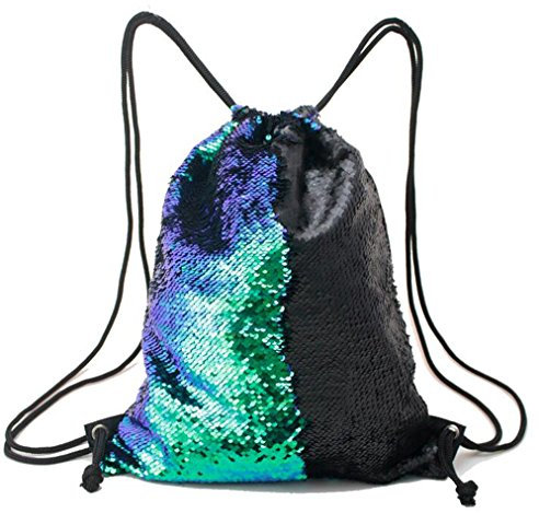 duojin Meerjungfrau Pailletten Glitzer Outdoor Schulter Reversible Rucksack Kordelzug (Multicolor + Schwarz)