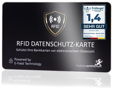 MakakaOnTheRun RFID Blocker Karte (3fach geprüft: DEKRA + EMV + HF-Labor) 360° Schutzkarte für Geldbörse - NFC Blocker Karte - Schutzkarte gegen Datenklau - RFID Blocker Card