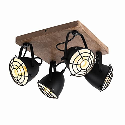 EGLO Deckenlampe Gatebeck, 4 flammige Deckenleuchte Vintage, Industrial, Retro, Deckenstrahler aus Stahl in Schwarz und Holz in Natur, Wohnzimmerlampe, Küchenlampe mit E14 Fassung