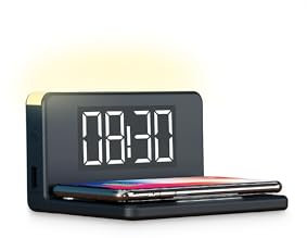 Ksix Reloj Despertador Digital con Cargador Inalámbrico Qi - Despertador Inteligente con Carga Rápida 10kw - Despertador Digital con Pantalla LED - Reloj Mesita de Noche con Puerto USB