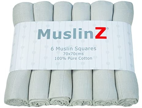 MuslinZ- 6 pack Muslin Squares Baby Burp Cloths 70x70cms Perfect for Newborns, multi-use, Oeko-Tex standard 100, UK brand. (Grey)