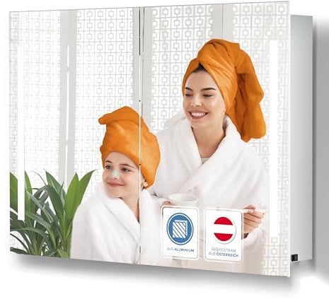 HAPA Design Premium Badezimmer-Spiegelschrank-60cm - Einfache Montage, mit-LED-Licht-13W-seitlich, 2-Türen-mit-3D-Effekt-doppelt-verspiegelt, robuster Alu Korpus. (60x60x14,5cm)