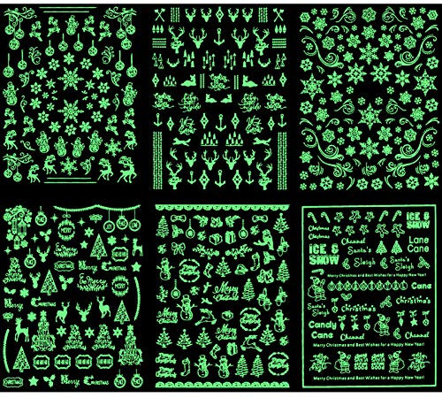 HOWAF 500+ Weihnachten 3D Nail Art Aufkleber, im Dunkeln Leuchten Nagelsticker Weihnachten baum Schneeflocken Rentier Nageldesign, Nagelaufkleber für Weihnachten Nagel Abziehbilder