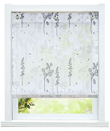 ESLIR Raffrollo ohne Bohren Raffgardine mit Ösen Halbtransparent Gardinen mit U-Haken Ösenrollo Laternenblume Muster Grau BxH 120x140cm 1 Stück