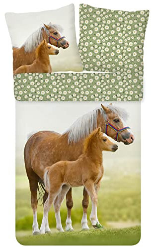 ESPiCO Bettwäsche Trendy Bedding Pferd Pony Fohlen Haflinger Koppel Blumen Blümchen Grün Braun Renforcé, Größe:135 cm x 200 cm
