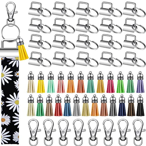 Syhood 75 Pieces Key Fob Hardware Keychain Bulk Includes 25 Lanyard Wristlet Keychain 25 Leather Tassel Pendant 25 Swivel Snap Hook for Hardware Party Supplies, Silver