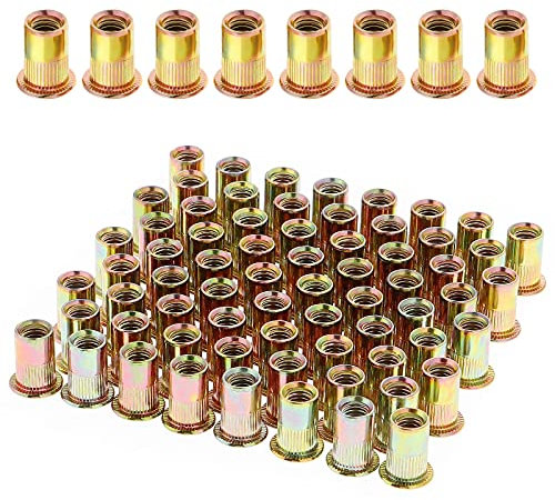 Gueenky 100 Pezzi Dadi Rivetti Filettati in Acciaio Carbonio Zincato, M6 Dadi Filettati a Testa Piatta, Assortimento Inserti Filettati Mobili in Legno (12 mm x 15 mm)