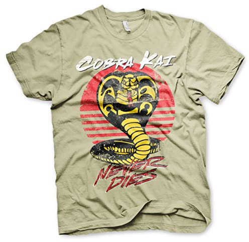Cobra Kai Offizielles Lizenzprodukt Never Dies Herren T-Shirt (Beige), Medium