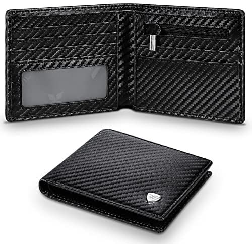 WONSEFOO Wallets Mens, RFID Blocking Carbon Fibre Leather, Slim Bifold Wallet Men with Coin Pocket, 7 Credit Card Holders+1 ID Windows, 2 Banknote Compartments, Stylish Minimalist with Gift Box-Black