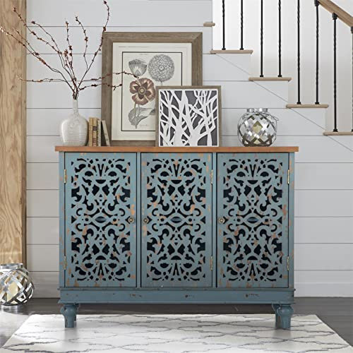 Sophia & William Sideboard Buffet Credenza Cabinet, 3-Door Hollow-Carved Accent Cabinet, Distressed Sideboard Storage Cabinet with Wood Veneer for Kitchen, Living Room, Dining Room, Entryway, Blue