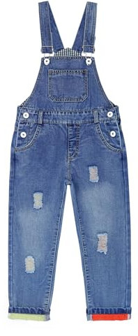 KIDSCOOL SPACE Salopette carina per ragazzo e ragazza, tuta in denim lavato alla moda, blu, 13-14 anni