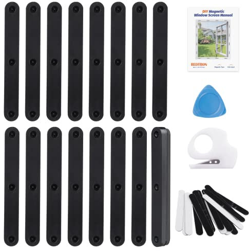 REDTRON Magnetic Strip Buckle Kit for Window Screen, 16 Pack Self-Adhesive Window Fly Screen Clips, Punch-Free Window Mesh Fixing Clips, Universal Rectangular Magnets for Window Mosquito Net(Black)