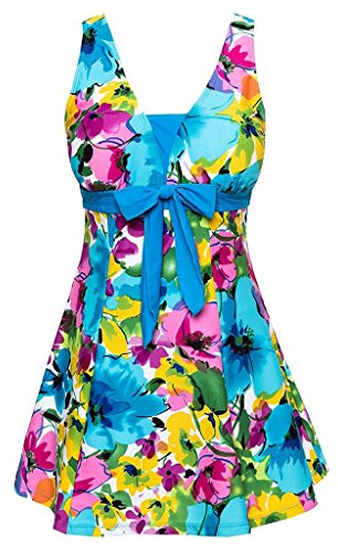 Ecupper Maillot de Bain Une Pieces pour Femme Rétro Jupe avec Volantée Contrôle du Ventre Push Up Col en V Bleu Clair 2XL