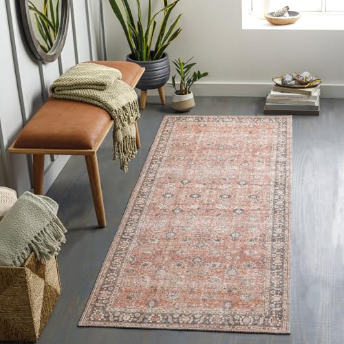 Livabliss Terjit Machine Washable Rug - Vintage Runner Rugs Living Room, 80x220 cm - Traditional Boho Rug Style, Dining Room, Kitchen, Outdoor, Hallway - Rust, Brown, Charcoal