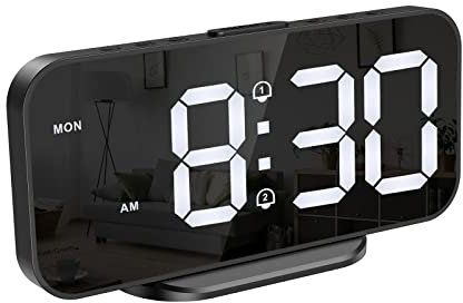 ORIA Alarm Clock LED, Bedside Digital Clock, 6.7 Inches Mirror Desk Clock with 2 USB Ports, 4 Manual Dimming and Night Mode, Snooze, Main Powered for Home (Plug Not Included, Only 1.5m Cable)