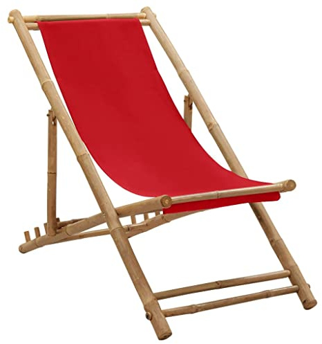 INLIFE Chaise de terrasse Bambou et Toile Rouge