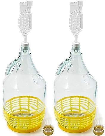 WYSKONT Bouteille bonbonne à col étroit avec bouchon à vis, panier de protection, sas et bouchon pour la fabrication du vin, la fermentation, le stockage des boissons, verre transparent, 2 x 5 L