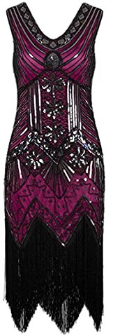 HAHAEMMA Robe vintage des années 1920 Charleston pour femme - Robe Gatsby à paillettes - Ourlet à pompons - Robe de soirée - Robe de cocktail - Robe de soirée, Violet-21398, M