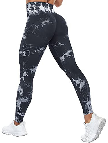 Yaavii Scrunch Butt Leggings Damen High Waist Push Up Booty Hose für Yoga Fitness Gym Workout Tie Dye Schwarz L