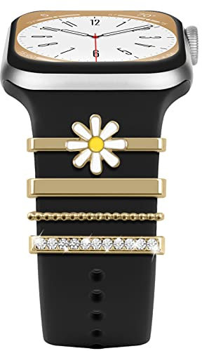4Pcs Charms für Apple Watch Armband 46mm 42mm 44mm 40mm 41mm 45mm 38mm 49mm Damen,Shiny Metall Jewelry Decorative Ring iWatch serie 10 9 8 7 6 5 4 3 SE/Galaxy Watch 7 6 5 4 Silikon Ersatzband Zubehör