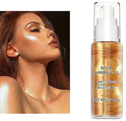 Body Luminizer, Shimmer Oil, Schimmernder Glanz Schimmeröl, Highlighter Körper Flüssiger, Flüssiges Schimmer Make up, Schimmerndes Körperöl mit glänzenden Partikel, Gold