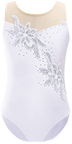 iEFiEL Mädchen Turnanzug Glitzer Gymnastikanzug ÄrmellosTurnanzug Glänzend Trikotanzug Gymnastik Leotard Training Gymnastikbody W Weiß 146-152