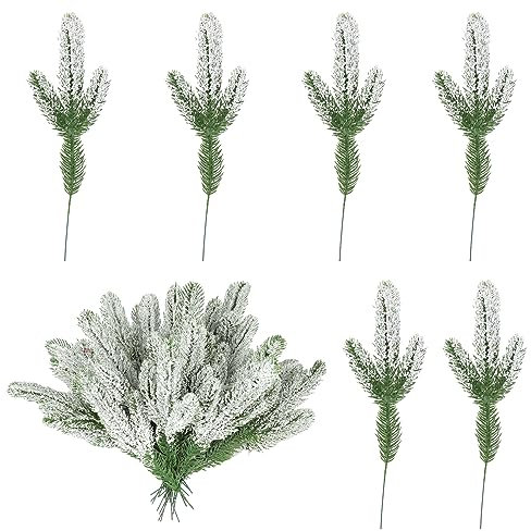 EDWINENE Künstliche Kiefernnadeln, 24 Stück Schneemattierte künstliche Kiefernzweige Picks – 25x11cm Verschneite Kiefernnadeln – grüne Zedern-Picks für DIY-Girland Weihnachtsdekoration