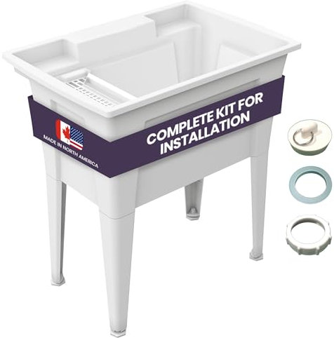 32” Utility Sinks for Laundry Room, Garage, Garden, Basement – Noah William Home Indoor and Outdoor Polypropylene Basement Wash Tub - No Faucet Included (White)