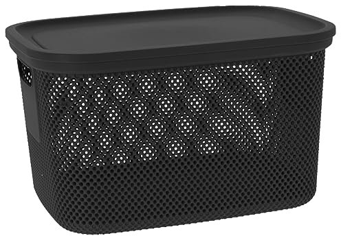 Muddy Hands Decorative Plastic Storage Box with Lid Home Kitchen Bedroom Bathroom Office Stackable Lidded Basket Container (18 Litre, Dark Grey)