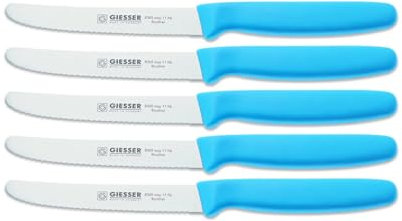 Giesser Messer Tomatenmesser Brötchenmesser Tafelmesser 11cm mit Wellenschliff 3mm - 5er Set (Hellblau)