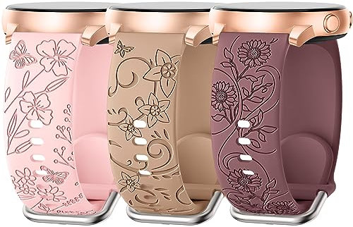 AMSKY 3 Stück Floral Gravierte Armband Kompatibel mit Samsung Galaxy Watch 7/6/5/4 40mm 44mm, Watch 6/4 Classic 43mm 47mm 42mm 46mm, 5 Pro 45mm, 3 41mm, 20mm Silikon Armbänder für Damen