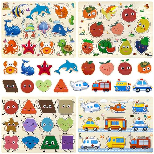 4 Sets Children Montessori Toys Wooden Puzzles Toddler Gifts Early Educational Jigsaws Shape Transport Fruit Marine for Years Old 1 2 3Kids Preschool Learning Birthday Enlightenment