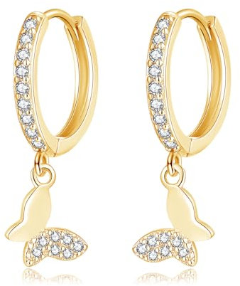 Cangall Creolen Silber 925 mit Anhänger, 925 Sterling Silber Ohrringe Hängend mit Zirkonia Schmetterling, Hypoallergene Kleine Schlafen Knorpel Ohrringe Creolen Gold Hängend für Frauen Damen Mädchen