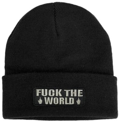 No Face No Name Mütze Fuck The World in schwarz I Unisex I bestickter Aufnäher I Beanie Strickmütze Wintermütze