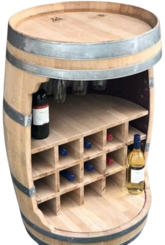 Fass-Schmiede Weinfass Bar mit Flaschenhalter, Weinregal (Shabby Black) | Weinregal aus einem gebrauchten Rotweinfass mit Schubfächern für Flaschen, Glashalter zum Hängen und Ablage auf dem Deckel