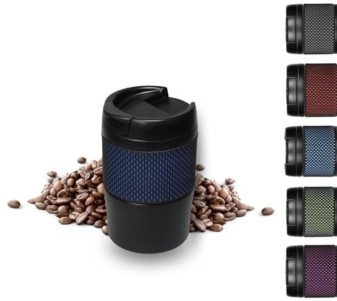 Thermobecher 'Temptation' klein - Kaffeebecher to go doppelwandig - Edelstahl Vakuumbecher mit Manschette - 300ml to go Becher - Reisebecher mit Deckel, Farbe:Schwarz/Blau