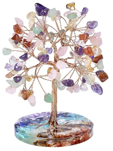 Nupuyai Arbre à Argent en Cristal avec 7 Chakras Pierres Base en Résine, Arbre de Quartz Fengshui Bonsaï Ornement pour Bonne Chance Richesse Décoration de la Maison, Pierre de Chakra