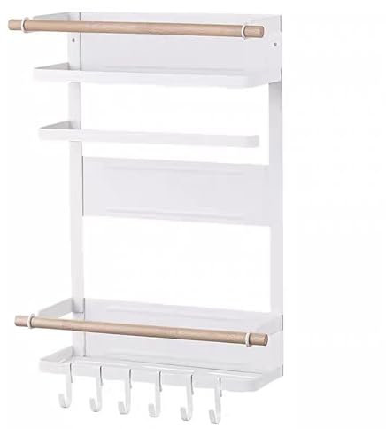 Mensola Cucina Magnetica per Frigorifero, Portaspezie da Parete, Porta Utensili da Cucina, Mensole da Muro senza Foratura, Portaspezie Salvaspazio con Barra Porta Rotolo, in Metallo con Ganci (Bianco)