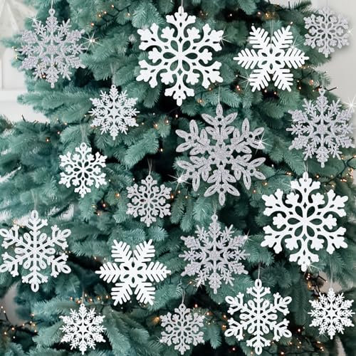 49 adornos de Navidad, decoraciones de copo de nieve, adornos de Navidad con purpurina blanca y plateada, copos de nieve colgantes para árbol de Navidad, pared, techo, ventana