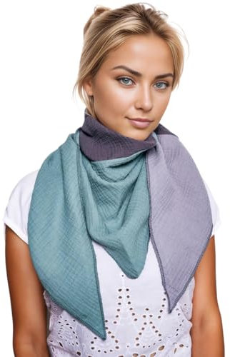 Scandi Linen Unglaublich Weich Musselin Tuch Damen, Musselintuch Damen, Musselin Schal, Halstuch Damen (Grau-DunkelGrau-Grün)