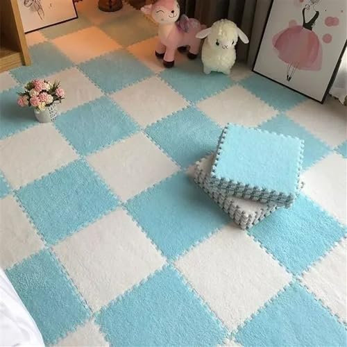 12pcs Soft Mat Crawling Carpet Rug Warm EVA Foam Play Floor Puzzle Pad Rug Bathroom Anti-skid Plush Foam Carpet Fuzzy Soft & Protective Floor Cushion Mats(White+light blue)